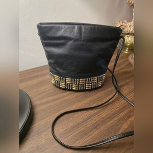 The Icing Vintage Black Leather Bucket Bag with Beaded Detail
